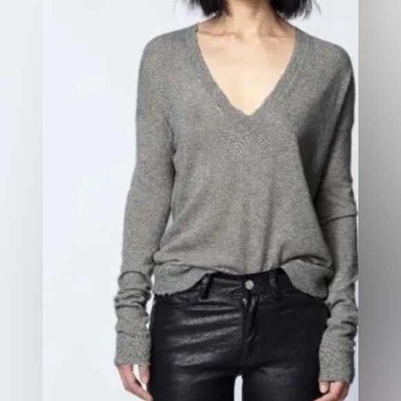 Zadig & Voltaire Happy M Wings V Neck Sweater Dark Gray Cashmere Size S NWOT - Picture 1 of 9